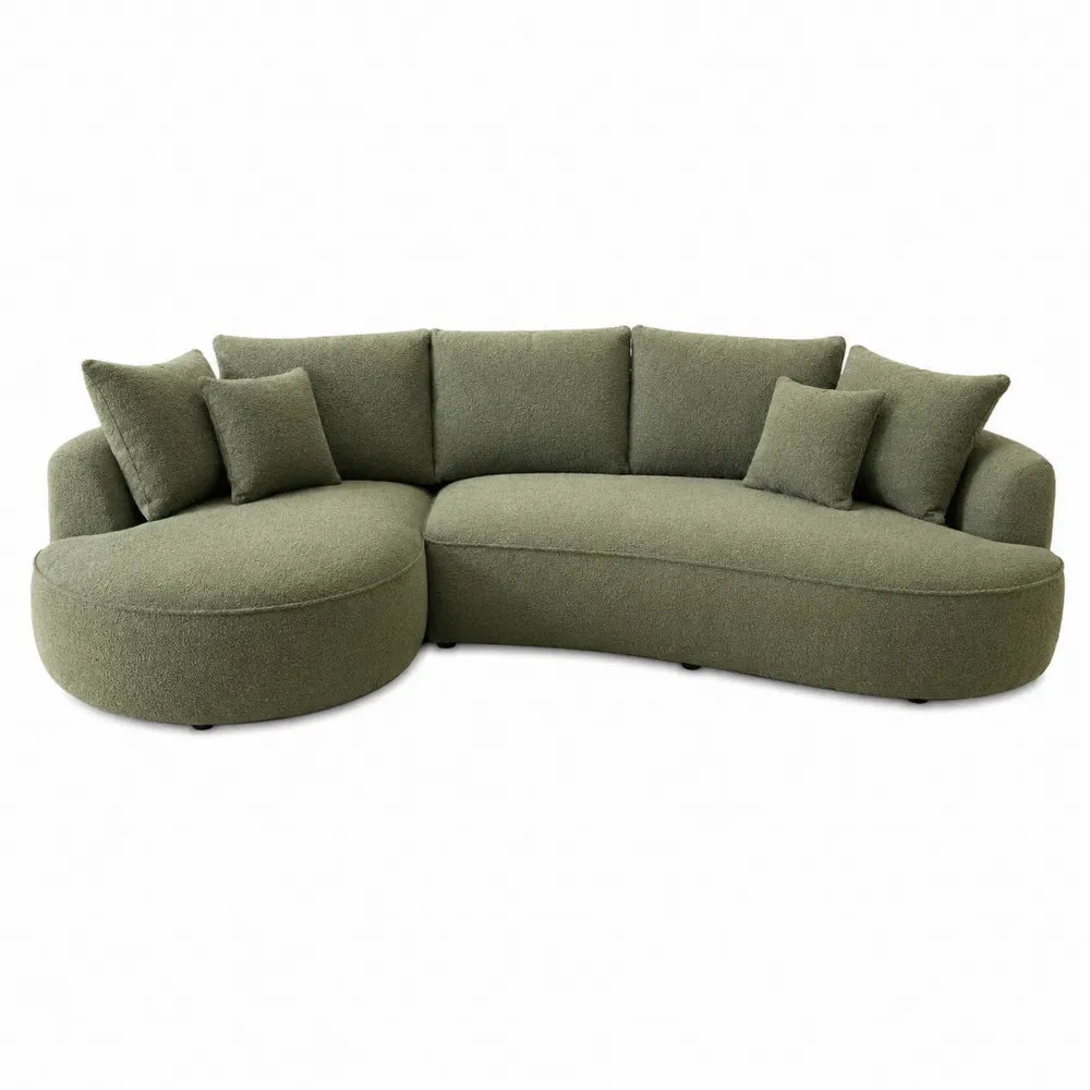 Canapé modulable arrondi 5 places en tissu polyester bouclé vert sauge avec méridienne gauche 285 x 170 x 82 cm