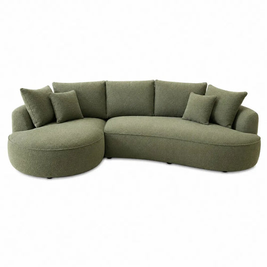 Canapé modulable arrondi 5 places en tissu polyester bouclé vert sauge avec méridienne gauche 285 x 170 x 82 cm