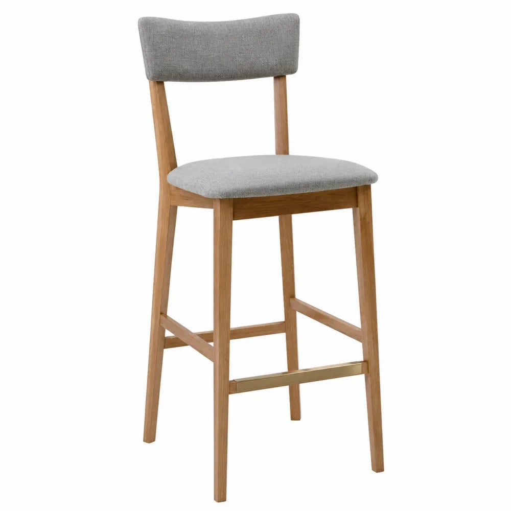 Tabouret de bar fixe avec dossier 47 x 52 x 104 cm assise polyester gris cadre hévéa massif naturel repose-pieds laiton