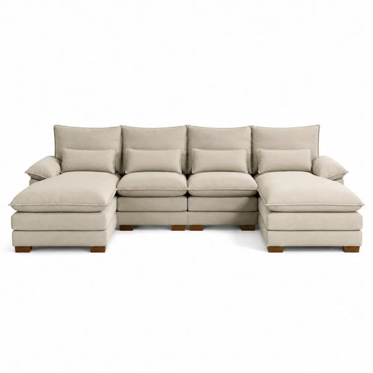 Canapé modulable panoramique en U 5 places 360 x 180 x 84 cm en tissu bouclé beige avec double méridienne et coussins amovibles