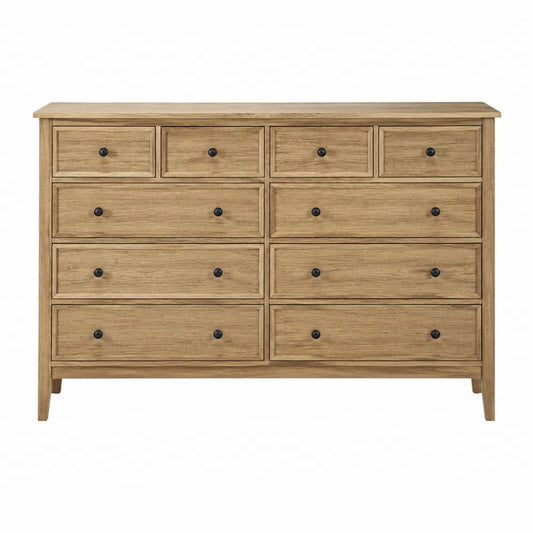 Commode 10 tiroirs rectangulaire 150 x 45 x 90 cm MDF plaqué chêne naturel poignées noires