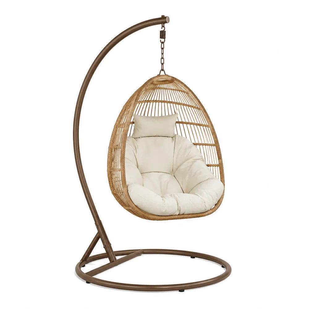 Fauteuil suspendu œuf avec support en acier et résine tressée 105 x 105 x 195 cm coussin écru structure marron
