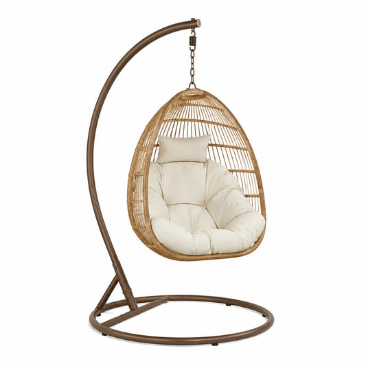 Fauteuil suspendu œuf avec support en acier et résine tressée 105 x 105 x 195 cm coussin écru structure marron