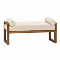Banc de chambre rectangulaire 120 x 42 x 48 cm en polyester bouclé blanc cassé et hévéa massif bois clair avec coussins cylindriques
