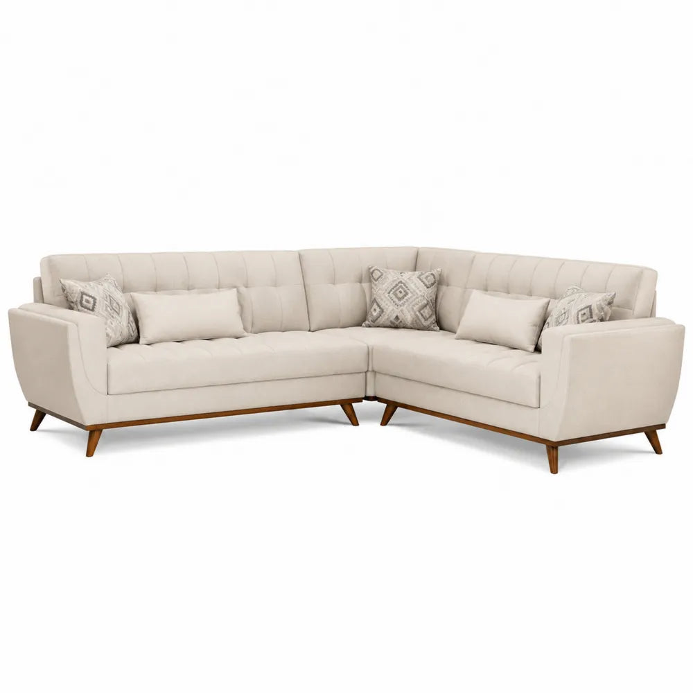 Canapé modulaire d’angle en L 5 places 290 x 200 x 85 cm tissu beige avec coussins amovibles et pieds en bois
