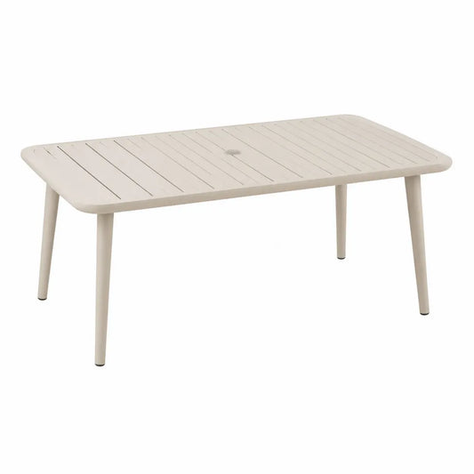 Table d’extérieur rectangulaire en aluminium thermolaqué beige crème avec trou pour parasol