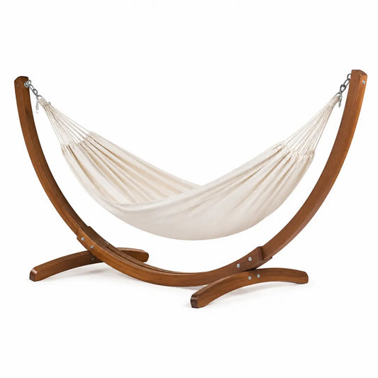 Ensemble hamac avec support autoportant en pin brun toile coton écru et chaînes acier galvanisé 300 x 100 x 120 cm