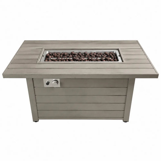 Table brasero extérieure rectangulaire au gaz propane en aluminium gris taupe avec brûleur inox et pierres de lave 132 x 81 x 64 cm