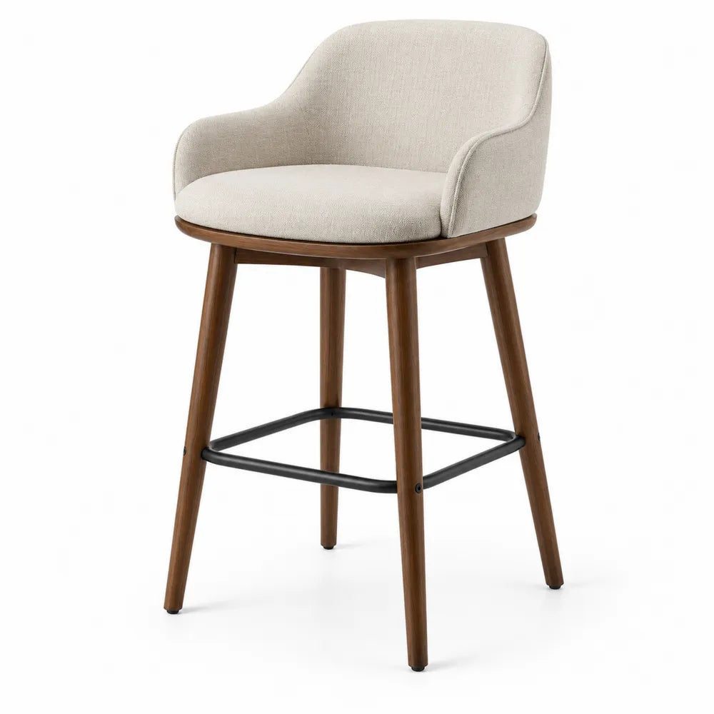 Tabouret de bar avec dossier en tissu beige et structure bois naturel avec repose-pieds acier noir 48 x 52 x 100 cm
