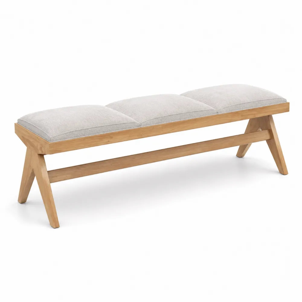 Banc de chambre rectangulaire 140 x 40 x 45 cm en hévéa massif naturel avec 3 coussins en polyester gris clair