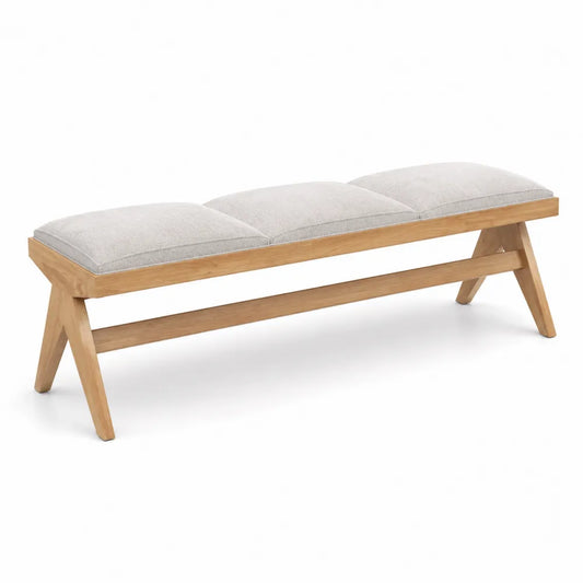 Banc de chambre rectangulaire 140 x 40 x 45 cm en hévéa massif naturel avec 3 coussins en polyester gris clair