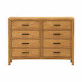 Commode rectangulaire 8 tiroirs 140 x 45 x 92 cm en panneaux de particules mélaminés chêne naturel avec poignées noires