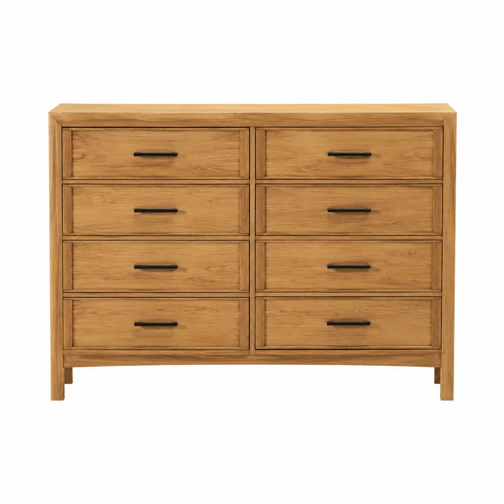 Commode rectangulaire 8 tiroirs 140 x 45 x 92 cm en panneaux de particules mélaminés chêne naturel avec poignées noires