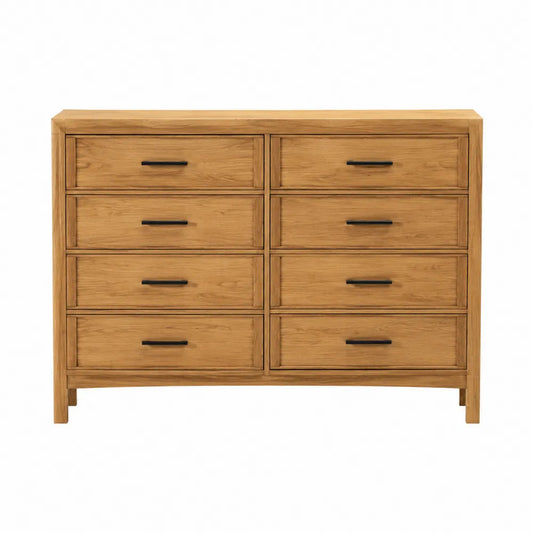 Commode rectangulaire 8 tiroirs 140 x 45 x 92 cm en panneaux de particules mélaminés chêne naturel avec poignées noires